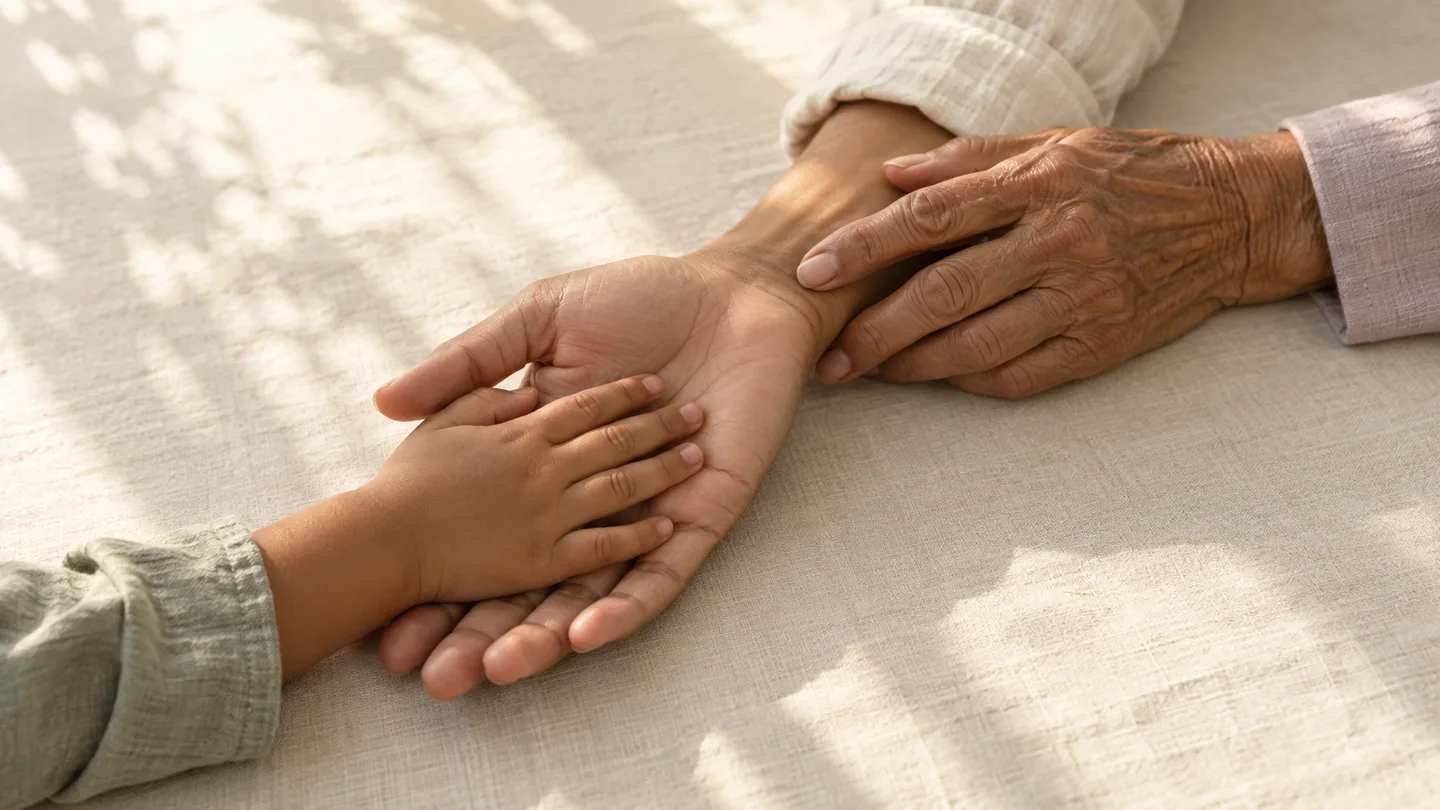 A child’s hand resting in an adult’s palm, with an older adult’s hand alongside
